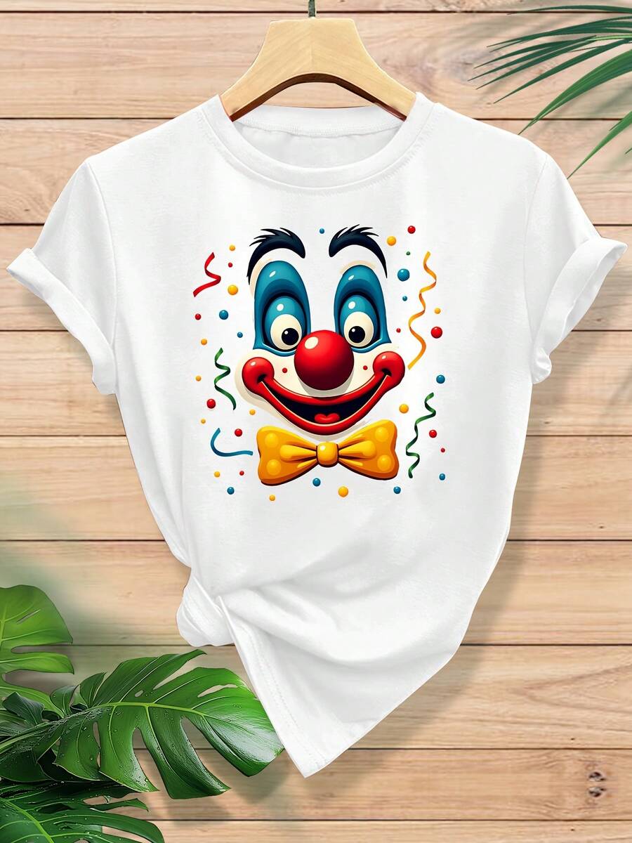 Women's T-Shirt With Cartoon Clown Head Print And Colorful Paper Print, Fashionable And Stylish Casual Sporty Style For Spring, Summer And Autumn, Soft And Comfortable, Round Neck And Short Sleeve, Available In Sizes S-XXL - White - View 1