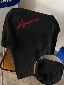 New Men's Fashion T-Shirt, 180g Weight, % Cotton, With Double-Sided Amore Print Design, For Casual Wear At Home And Outdoor Fitness Activities, A Popular And Essential Style For Men, With Design On The Front And Back - Suitable For Layering In Spring And Autumn And As A Single Garment In Summer, Unisex Style. - 黑色 - 查看 11