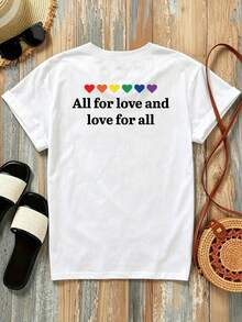 New Short-Sleeved T-Shirt, 180g, % Cotton, With Prints On The Front And Back - Hearts And Rainbow Elements - Fashionable Printed T-Shirt For Women, Spring/Summer, Suitable For All Seasons,  Clothing - Can Be Worn As A Base Layer In Spring And Autumn Or Alone In Summer, Unisex. - 白色 - 查看 2