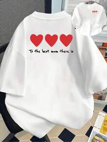 New 180g Short-Sleeved T-Shirt, 1% Cotton, With Front And Back Print - Heart Design, Mother's Day Gift - Fashionable Printed T-Shirt For Women, Spring/Summer, Suitable For All Seasons,  Clothing - Can Be Worn As A Base Layer In Spring And Autumn Or Alone In Summer, Unisex. - 白色 - 查看 7