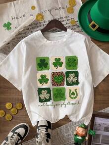 Women's T-Shirt With Lucky Shamrock, Leopard Print, Heart And Letter Patterns, Perfect For St. Patrick's Day, Casual Short-Sleeved Crew Neck T-Shirt, Ideal For Everyday Wear - 白色 - 查看 1