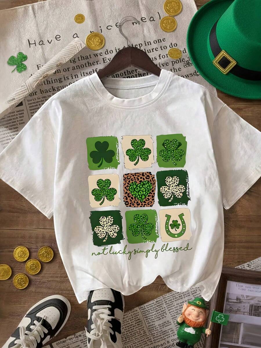 Women's T-Shirt With Lucky Shamrock, Leopard Print, Heart And Letter Patterns, Perfect For St. Patrick's Day, Casual Short-Sleeved Crew Neck T-Shirt, Ideal For Everyday Wear - 白色 - 查看 1