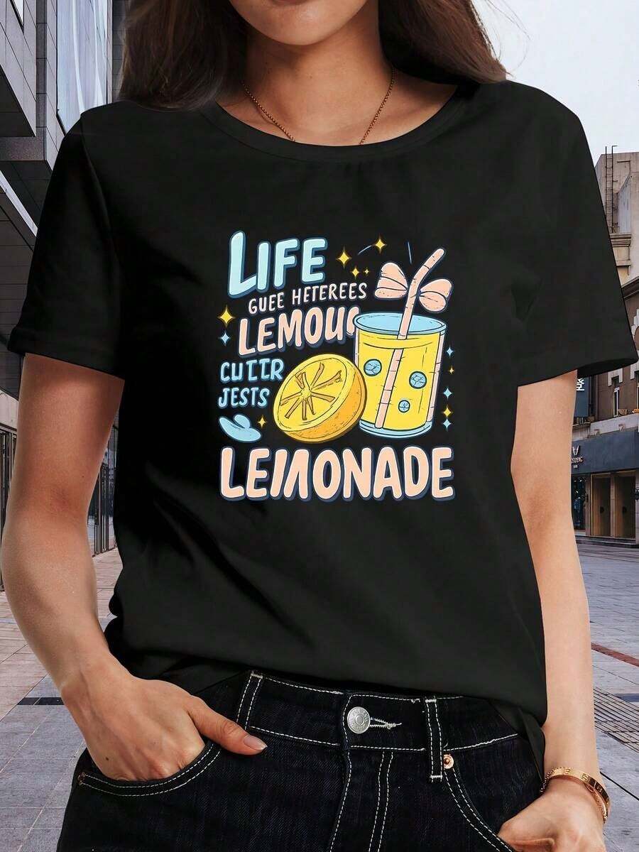 Women's T-Shirt, Regular Fit Black Cotton T-Shirt, Short Sleeve, Round Neck, With Lemonade Graphic Print, Casual And Modern Top For Leisure Time - 黑色 - 查看 1
