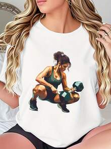 Women's One-Piece Summer T-Shirt With An Artistic Fitness Figure Design, Depicting A Female Strength Training Scene. It Highlights Fitness Vitality And Conveys A Positive Sporting Spirit. A New Summer Product, Suitable For Casual And Recreational Sports Activities. - 白色 - 查看 1
