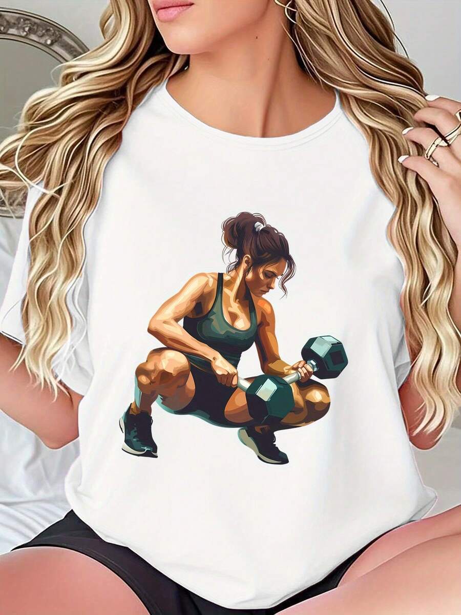 Women's One-Piece Summer T-Shirt With An Artistic Fitness Figure Design, Depicting A Female Strength Training Scene. It Highlights Fitness Vitality And Conveys A Positive Sporting Spirit. A New Summer Product, Suitable For Casual And Recreational Sports Activities. - 白色 - 查看 1