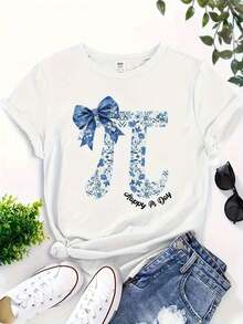 Mexican Women'S T-Shirt Featuring A HAPPY PI DAY 3.14 Design With A Blockchain Digital Art Motif And A Bow Print. This Soft, Skin-Friendly And White Round-Neck Short-Sleeve Tee Is Perfect For Casual Spring And Summer Wear And Makes A Great Gift - 白色 - 查看 5