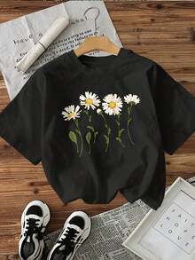 Women's Summer Top.  Daisy Print Short-Sleeve T-Shirt For Ladies - Round Neck Design, Black And White Tie, Lightweight And Breathable, Casual Top For Spring And Summer. Relaxing And Comfortable. - 黑色 - 查看 1