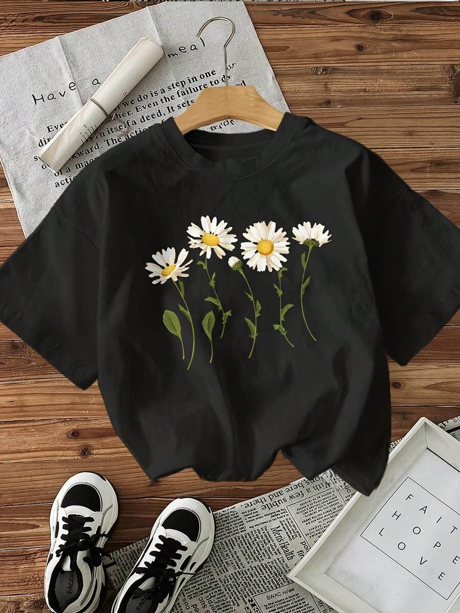 Women's Summer Top. Daisy Print Short-Sleeve T-Shirt For Ladies - Round Neck Design, Black And White Tie, Lightweight And Breathable, Casual Top For Spring And Summer. Relaxing And Comfortable. - 黑色 - 查看 1