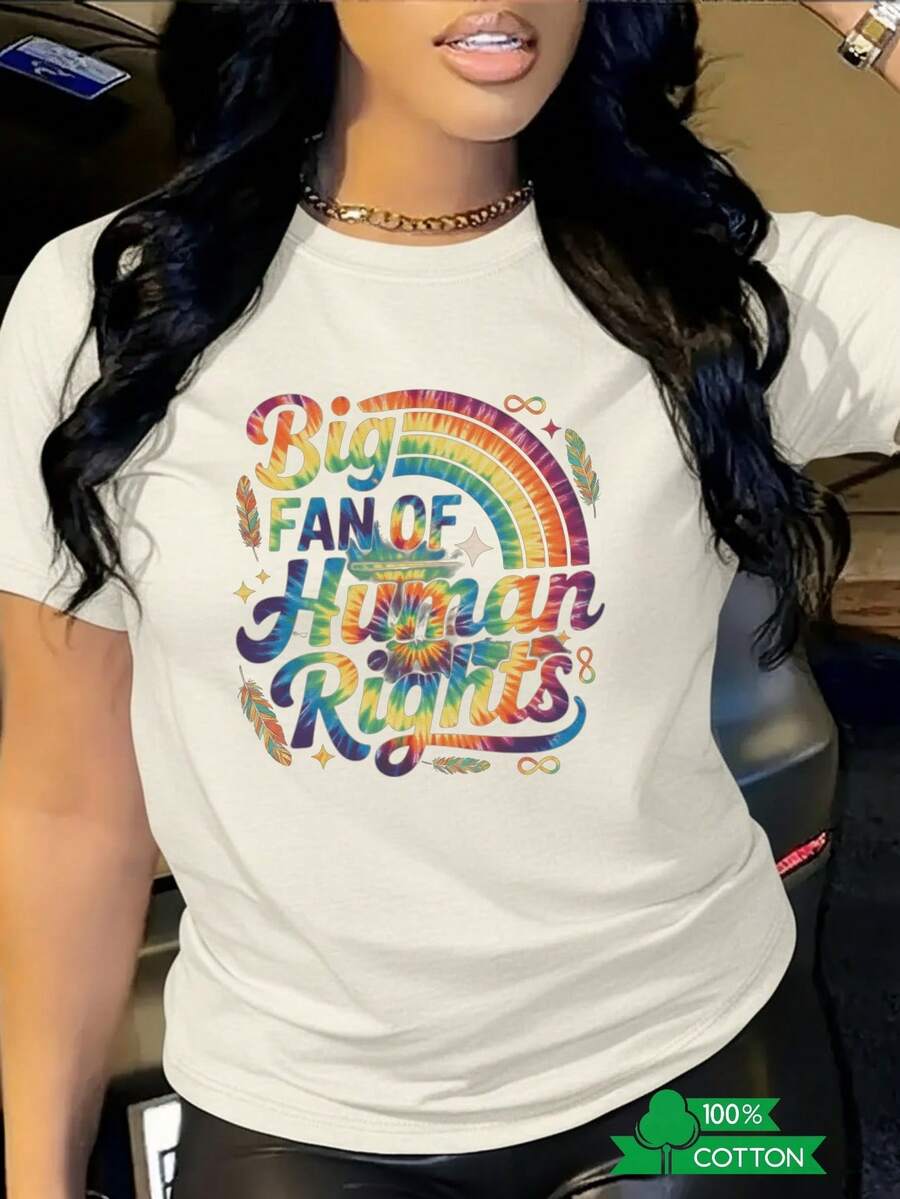 Women's T-Shirt With Round Neck And Anime Letter Print, Simple Design, Comfortable And Breathable, Suitable For Casual And Versatile Daily Wear, Showing A Natural And Elegant Style, A Must-Have For Summer Parties, Local Shipping. - 杏色 - 查看 1