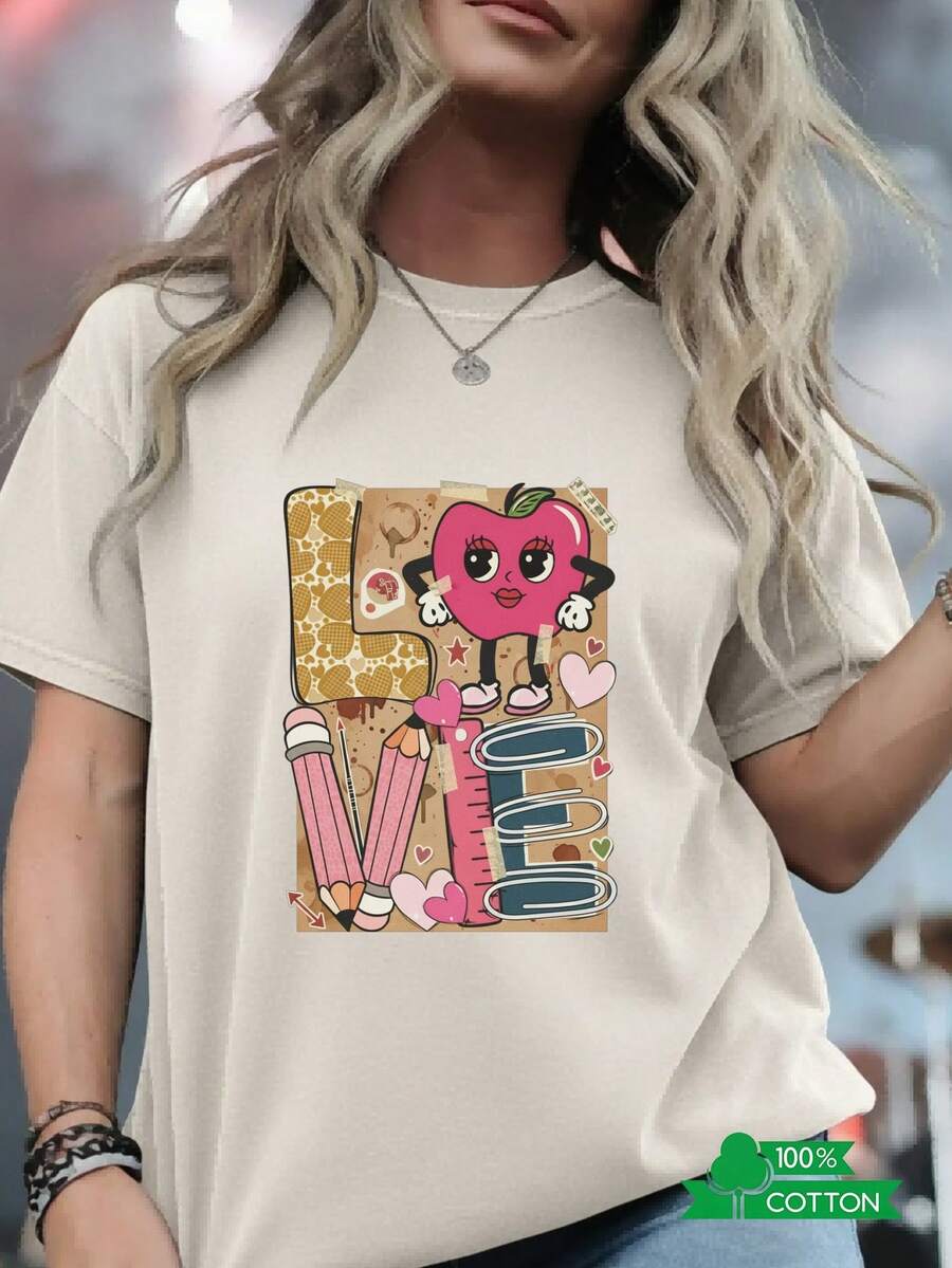 Women's Round Neck T-Shirt With Letter And Anime Print, Simple Design, Comfortable And Breathable, Suitable For Sports, Casual And Everyday Wear, A Must-Have For Summer Parties, Local Shipping, With Anthropomorphic Apple Heart Sticker - Unisex Loose Cotton Short Sleeve Round Neck T-Shirt, Urban Vintage Style. - 杏色 - 查看 1