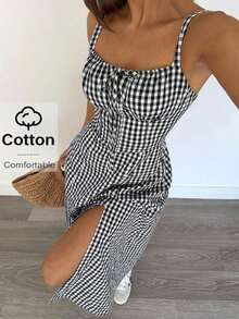 Vestido a media pantorrilla con tirantes a cuadros para mujeres, de moda y apropiado para el verano - Blanco y Negro - Ver 3