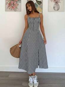 Vestido a media pantorrilla con tirantes a cuadros para mujeres, de moda y apropiado para el verano - Blanco y Negro - Ver 6