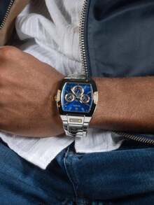 Guess 1 pieza Reloj de cuarzo de lujo casual y de moda para hombres, correa de acero inoxidable, cronógrafo multifunción, regalo perfecto para cumpleaños, aniversario y vacaciones GW0456G5 - Azul - Ver 5