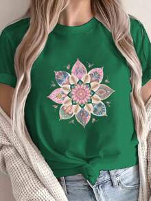 Women's T-Shirt With Lotus And Mandala Print - Bohemian Style Top With Lotus And Mandala Design, Short Sleeve, Round Neck, Casual Summer Shirt, Medium Elasticity, Breathable, Suitable For Meditation, Festival Use And Daily Wear, Blouses For Women. - 綠色 - 查看 6