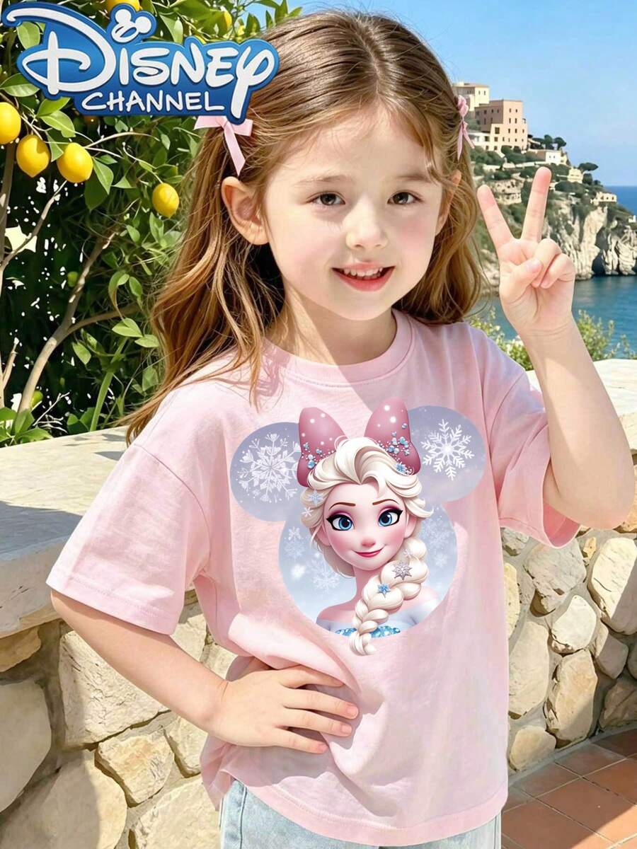 DisneyCute Disney Princess Elsa Design Men's T-Shirt Frozen Theme Summer Wear For Kids And Teens Gift For Children And Family - 粉色 - 查看 1