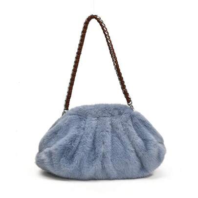 Pleated Design Faux Fur Shoulder Bags For Women 2024 Luxury Designer Purses And Handbags Winter Warm Soft Plush Hobo Bags
