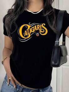 100% Cotton. Gold Lettering With A Small Clown Symbolizing Joy And Positive Energy Every Day. Women's T-Shirt, 100% Cotton, Casual, Modern, And Comfortable. Women's Simple Solid Color T-Shirt, Loose And Slim Fit, Casual Short Sleeve - 黑色 - 查看 11