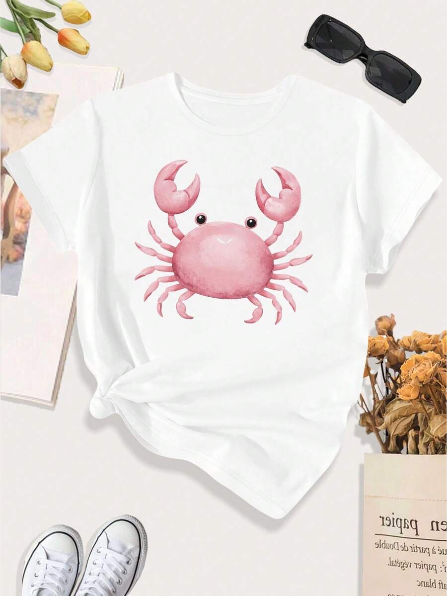 Women's Plus Size Casual Sports T-Shirt With Adorable Watercolor Pink Crab Design - 白色 - 查看 1