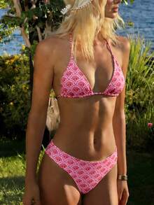 New 2026 Printed Bikini, Halter Neck, Adjustable Straps, Triangle Cup, Sexy Vacation Bikini, Women's Swimsuit - FF1348-nA - View 7