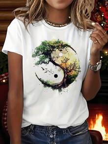 Women's Yin Yang Life And Death Design T-Shirt - Round Neck, Short Sleeve, Casual, Summer, Spring, Green And Gold Harmony Design, Loose Fit, Spring Casual Fashion, Nature Inspired, Comfortable Fabric Design, Printed T-Shirt, New Collection, Local Warehouse, Delivery, Women's Products, Christmas Clothing, Gift For Women, Beautiful T-Shirt, Top, Pattern, End-Of-Season Discount - 白色 - 查看 1