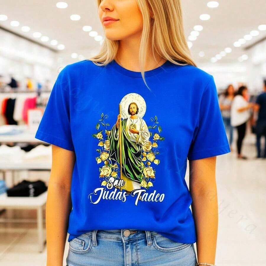 Women's Cotton T-Shirt "Tadeo" With Religious Print, Short Sleeve, Round Neck, Loose Fit, Various Sizes, Ideal For Everyday Wear And Faith-Inspired Style, Soft And Breathable Fabric, ColorSoft - 藍色 - 查看 1