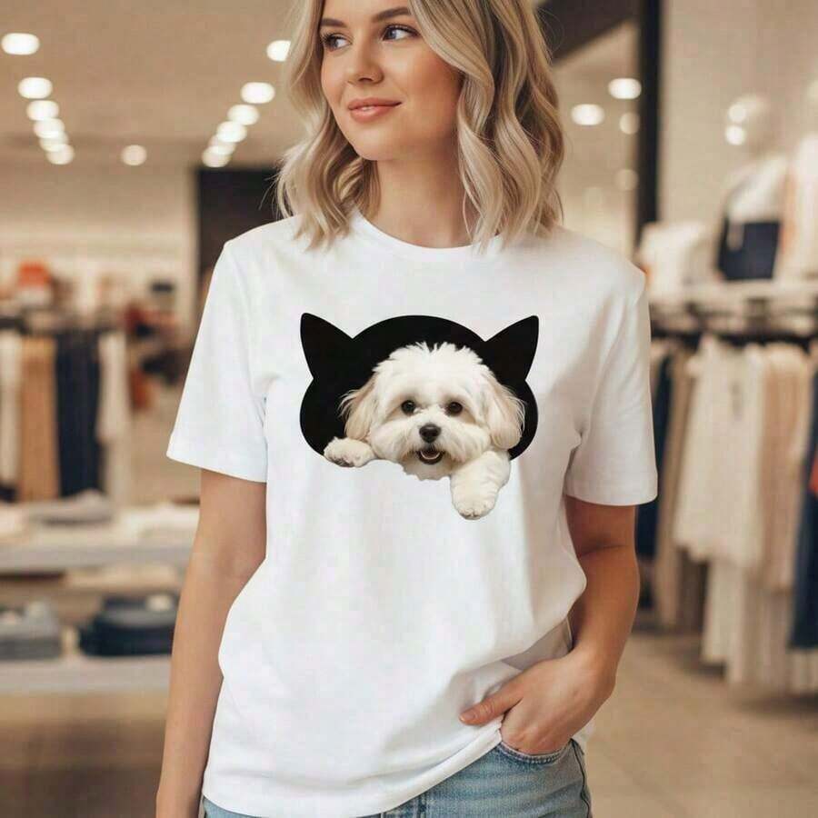 GiftCamia Women's Pure Cotton Cat And Puppy Ear Print Casual Short Sleeve Loose Fit Crew Neck Graphic Top, Available In Sizes, Cute Animal Design, Soft And Breathable Fabric, Fashionable For Everyday Wear, 100% Cotton. Soft - 白色的 - 查看 1