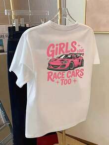 Premium Graphic T-Shirt With Front And Back Print, Short Sleeve Fashion, Summer Essential, For Racing Car Lover Girls, Pink Sports Car Print, Round Neck, Casual Top For Women - Women's Clothing, Comfortable Fit, Classic Design, Timeless Regular Cut - 白色 - 查看 2