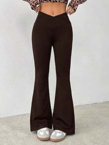 Pantalones acampanados de cintura alta envolvente de unicolor sencillo - Marrón - Ver 5