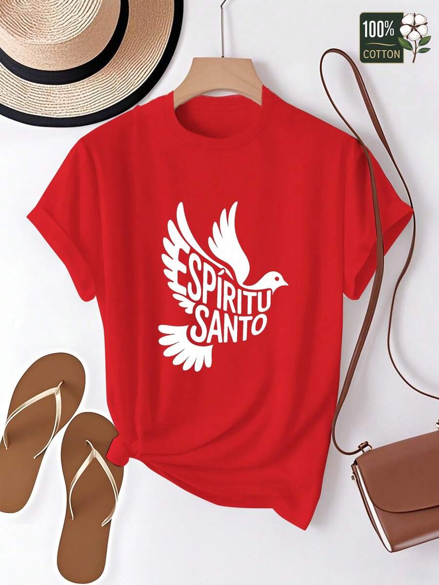 Women's Pure Cotton T-Shirt With Spanish Spirit Dove Silhouette, Comfortable Fit, Elegant Party Outfit, T-Shirt For Elegant Ladies, Blouses Suitable For Curvy Women, Casual Wear, Cool And Sweat-Free Summer Clothing, Fun Letter Print - 紅色 - 查看 1