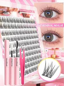 Eimny 140 piezas Kit de extensión de pestañas estilo dibujos animados, D-Curl 11mm Longitud mixta Pestañas postizas naturales y esponjosas, Set de alargamiento de pestañas DIY con pegamento, pinzas, cepillo, adecuado para DIY en casa, viaje, diario, boda, fiesta y principiantes, suministros para estilista de pestañas - Multicolor - Ver 11