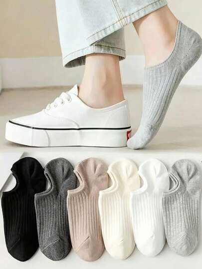 6 đôi tất nữ bằng cotton kiểu thuyền, tất ngắn không trơn trượt, miệng nông, thích hợp cho mùa thu/đông.