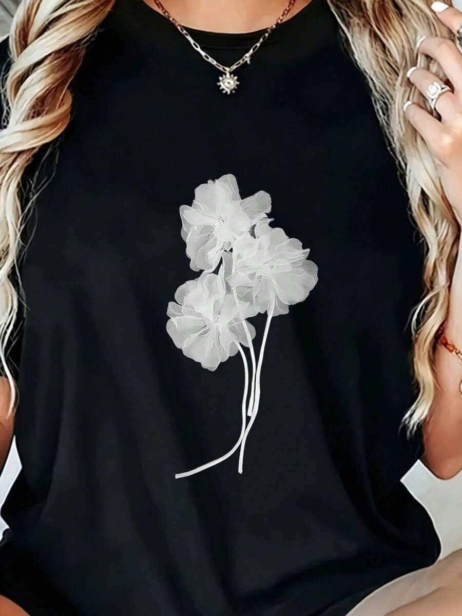 Women's Loose Fit Round Neck Short Sleeve T-Shirt, Elegant Casual Summer T-Shirt For Parties And Everyday Wear, Versatile Women's T-Shirt For All Seasons, Comfortable Women's Clothing - 黑色 - 查看 1