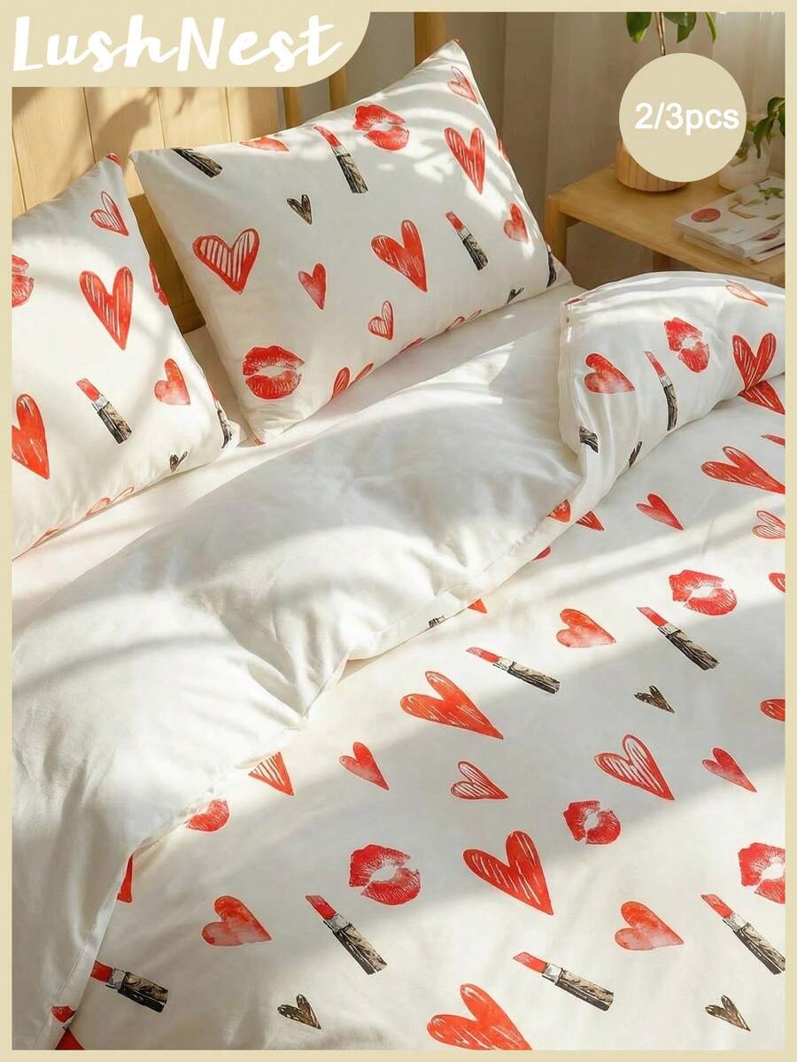 2pcs/3pcs Watercolor Heart-Shaped Lip Print Lipstick Digital Printed Duvet Cover Set (1 Duvet Cover +2 Pillowcases Without Cores), Soft And Skin-Friendly Polyester Chemical Fiber For Daily Use, Suitable For All Four Seasons In The Master Bedroom, Guest Bedroom And Secondary Bedroom