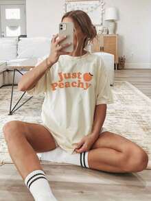 Camiseta de Verano Premium para Mujer con Estampado de Letras "Just Peachy", Manga Corta, Ajuste Cómodo - Albaricoque - Ver 8