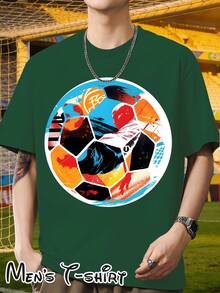 [Popular Licensed Design] Short-Sleeved T-Shirt With "Color Block Mosaic Style" Print, Artistic And Fashionable Outfit, Perfect For Casual Dinners And Sightseeing Walks, Football Collage Art Style, Suitable For Art Exhibitions, Casual Daily Wear, Student Outings And As A Gift For Football Art Fans. - 綠色 - 查看 9