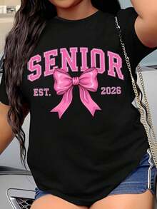 Women's T-Shirt, Senior Year 2026, Pink T-Shirt With Bow For Women, Graduation Gift, Senior Year T-Shirt, Fashionable Est. 2026 T-Shirt For Girls And Women - 黑色 - 查看 1