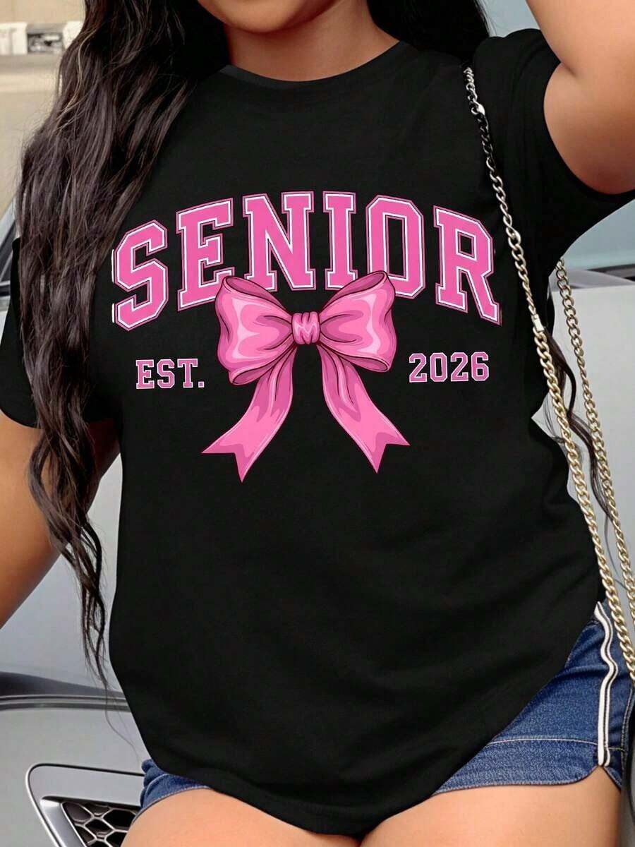 Women's T-Shirt, Senior Year 2026, Pink T-Shirt With Bow For Women, Graduation Gift, Senior Year T-Shirt, Fashionable Est. 2026 T-Shirt For Girls And Women - 黑色 - 查看 1