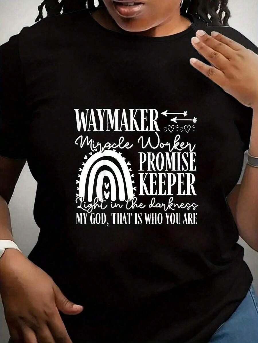 Women's Plus Size Christian T-Shirt, Waymaker Miracle Worker - Inspirational Design With Bible Verse From Isaiah 42:16, Comfortable Crew Neck Plus Size T-Shirt, Washable Faith Clothing For Everyday Wear, Spiritual Clothing For Women, Geometric Pattern T-Shirt, Verse Print T-Shirt, High Quality Fabric, Durable Construction, Faith Clothing, Faith Community - 黑色 - 查看 1