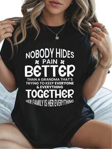 Women's Printed T-Shirt - Casual Black Short Sleeve Crew Neck T-Shirt With White Text, Relaxed Fit For All Seasons, Perfect For Everyday Wear And Holiday Outfits (Machine Washable) - Design With Straight And Wavy Blonde Hair. - 黑色 - 查看 6