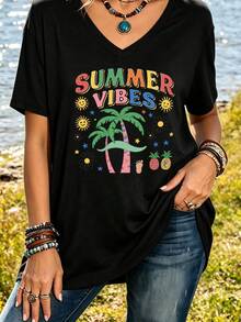 Women's Casual Sports T-Shirt With SUMMER VIBES Graphic Design - Black V-Neck T-Shirt, Elastic And Machine Washable, Comfortable Fit For All Seasons, For Summer And Leisure. - 黑色 - 查看 1