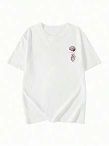 Camiseta de manga corta con estampado de cerebro y corazón equilibrados, estilo retro para mujer. Gráfico de psicología estética, holgada y casual. Cuello redondo, estilo callejero para vacaciones de verano en color blanco - Blanco - Ver 3
