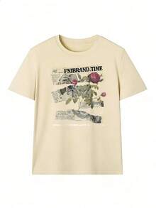 T-Shirt With Rose And Retro Newspaper Design, Fashionable Short-Sleeved T-Shirt For Spring And Summer 2026, Made In Mexico, 180 Grams. Cartoon Print, Couple Design, Suitable For Indoor Or Outdoor Wear. Crew Neck, Unisex, Ideal For Office And Leisure. One-Pack. - APR-P631577SLNDXZGY581 - 查看 2