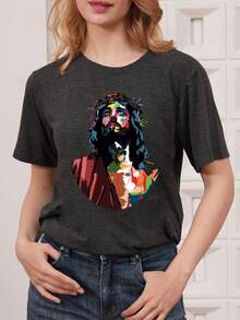 Printed T-Shirt With A Sweet Image Of King Christ In Vintage Style, Short Sleeves And Round Neck, Casual Top, Suitable For Summer And Spring, Women's Clothing. - 黑色 - 查看 7