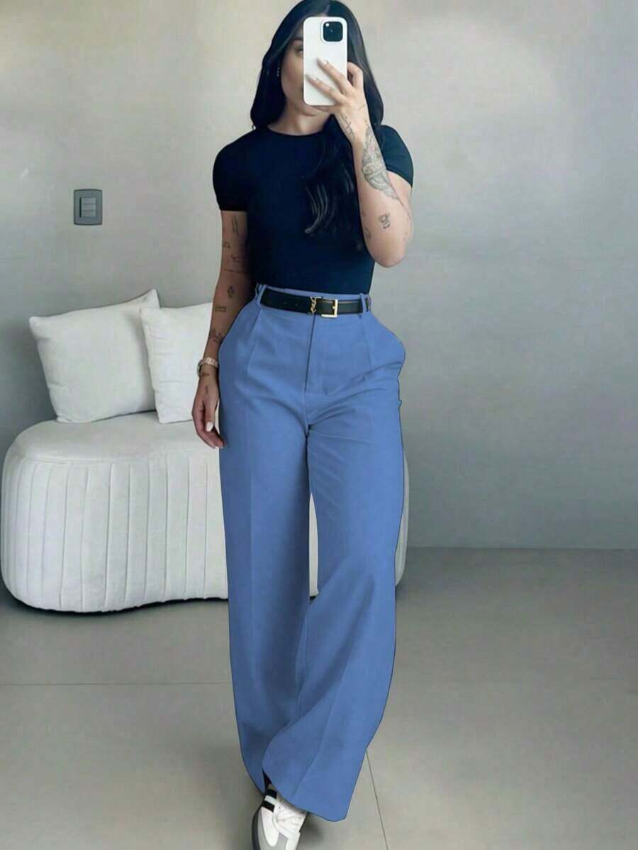 2026 Women's High Waist Slim Fit Wide Leg Trousers | Bohemian Street Style | Suitable For Casual Wear, Work, And Spring/Summer Vacations | Black - 藍色 - 查看 1