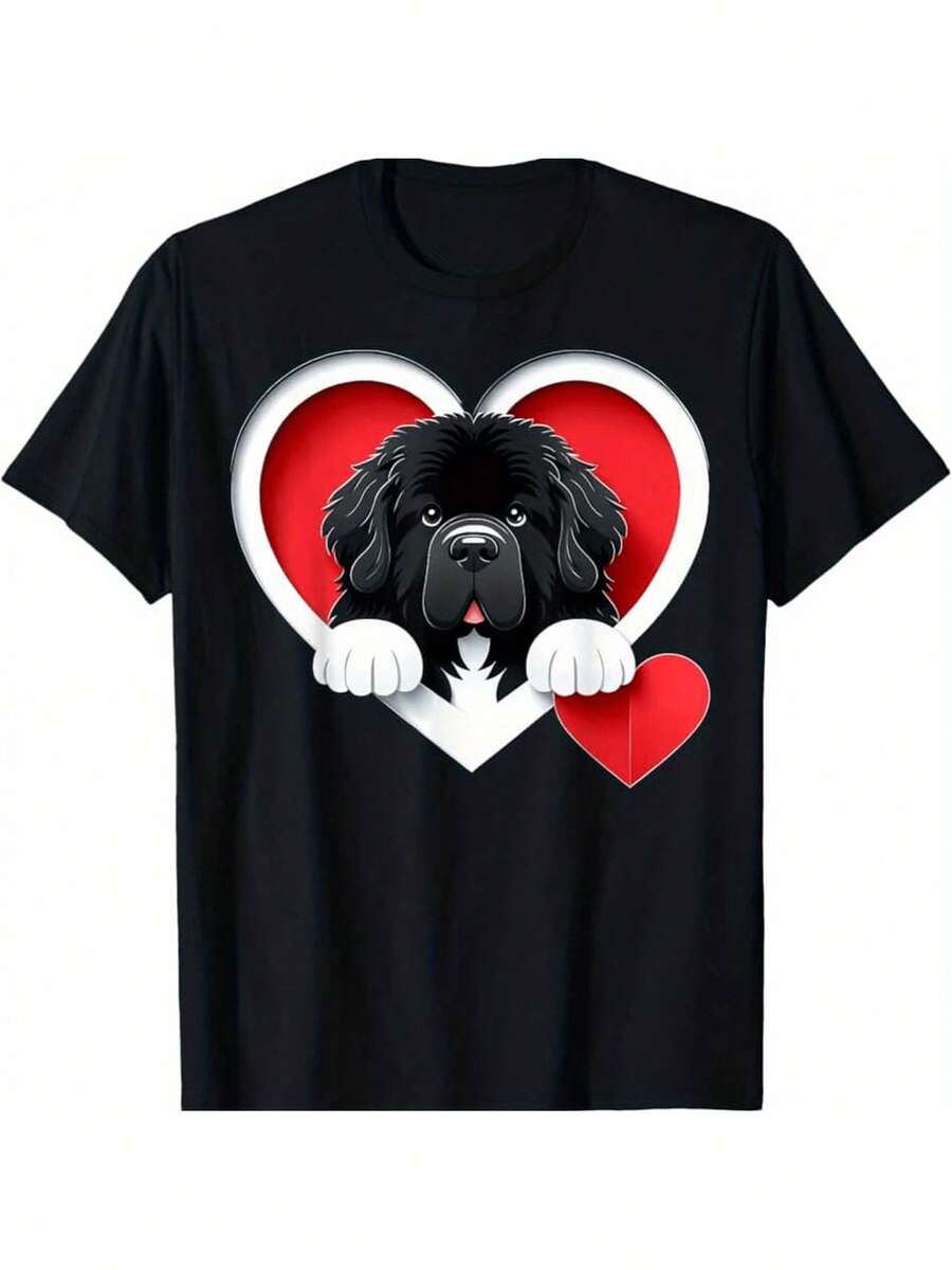 T-shirt pour amateurs de Terre-Neuve - Top décontracté noir mignon avec motif en forme de cœur de chien de Terre-Neuve, coupe régulière pour adultes, confortable pour toutes les saisons, design col rond classique, durable, imprimé, tissu respirant, vêtements pour propriétaires d'animaux de compagnie, confortable. - Noir - Voir 1