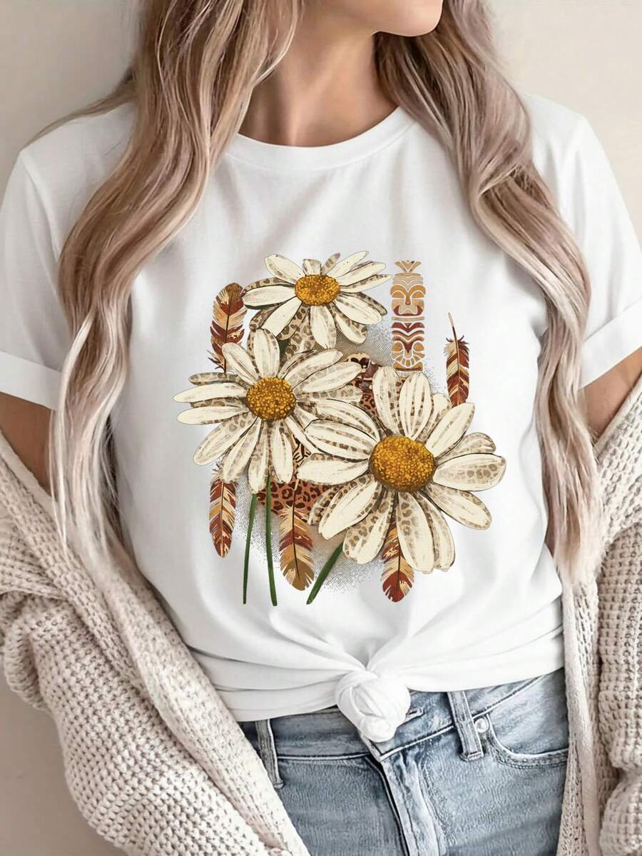 Women's Casual Sports T-Shirt, Women's T-Shirt, Sports And Fitness, Casual Outings, College Party With Daisy Design. - 白色 - 查看 1