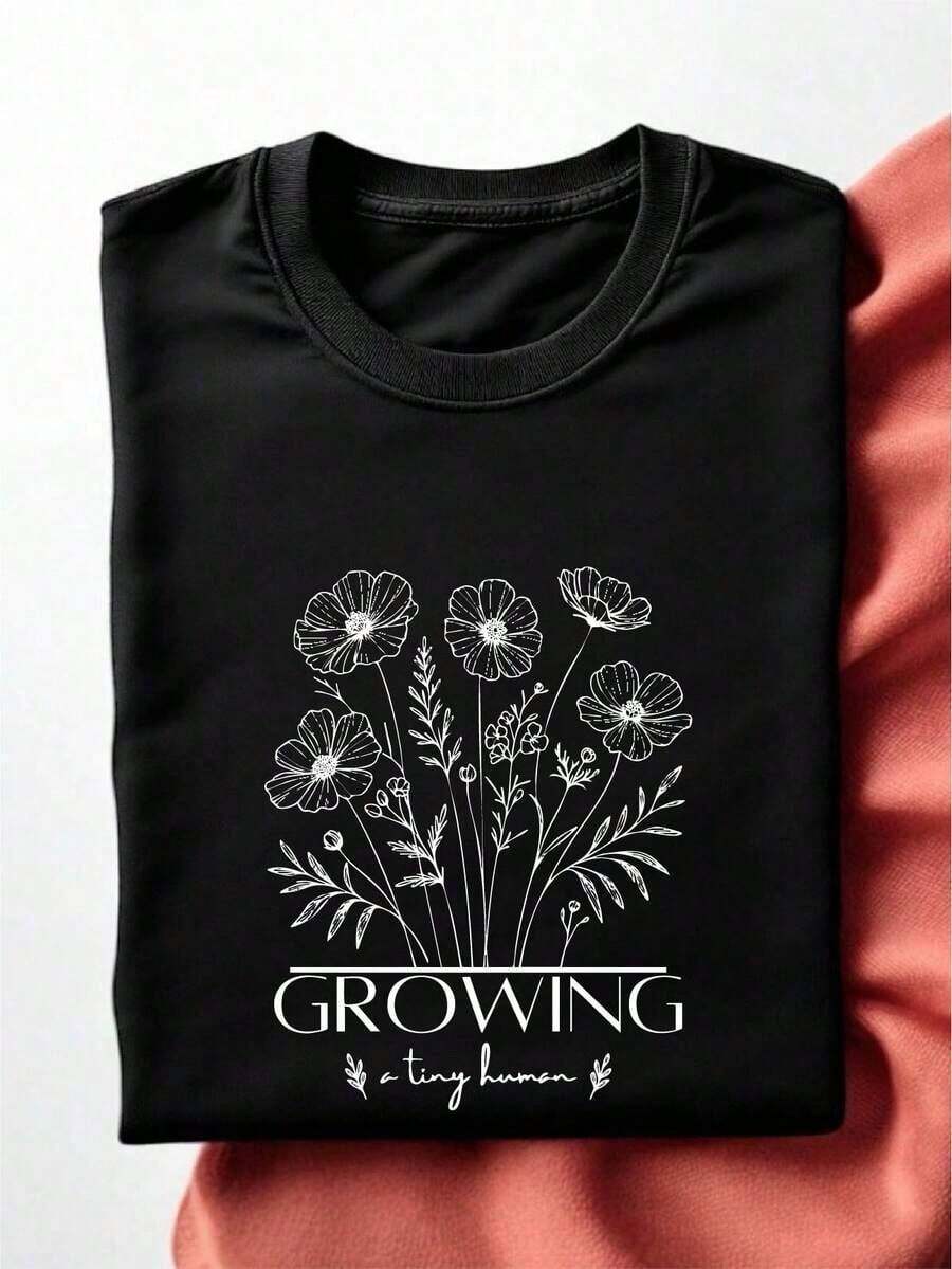 Maternity T-Shirt: "Growing A Little Human Soon", Baby Announcement T-Shirt, New Mom T-Shirt, Mother's Day Gift, EW-2947 - 黑色 - 查看 1