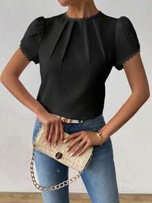 Camisa de mujer elegante y casual con mangas abombadas y volantes de unicolor - Negro - Ver 5