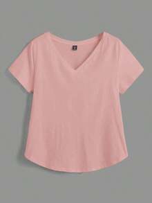 BASICS Camiseta casual versátil de manga corta y cuello en V de talla grande para mujer - Rosa - Ver 7