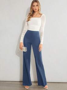 Pantalones de pierna ancha unicolor de talle alto - Niebla azul - Ver 3